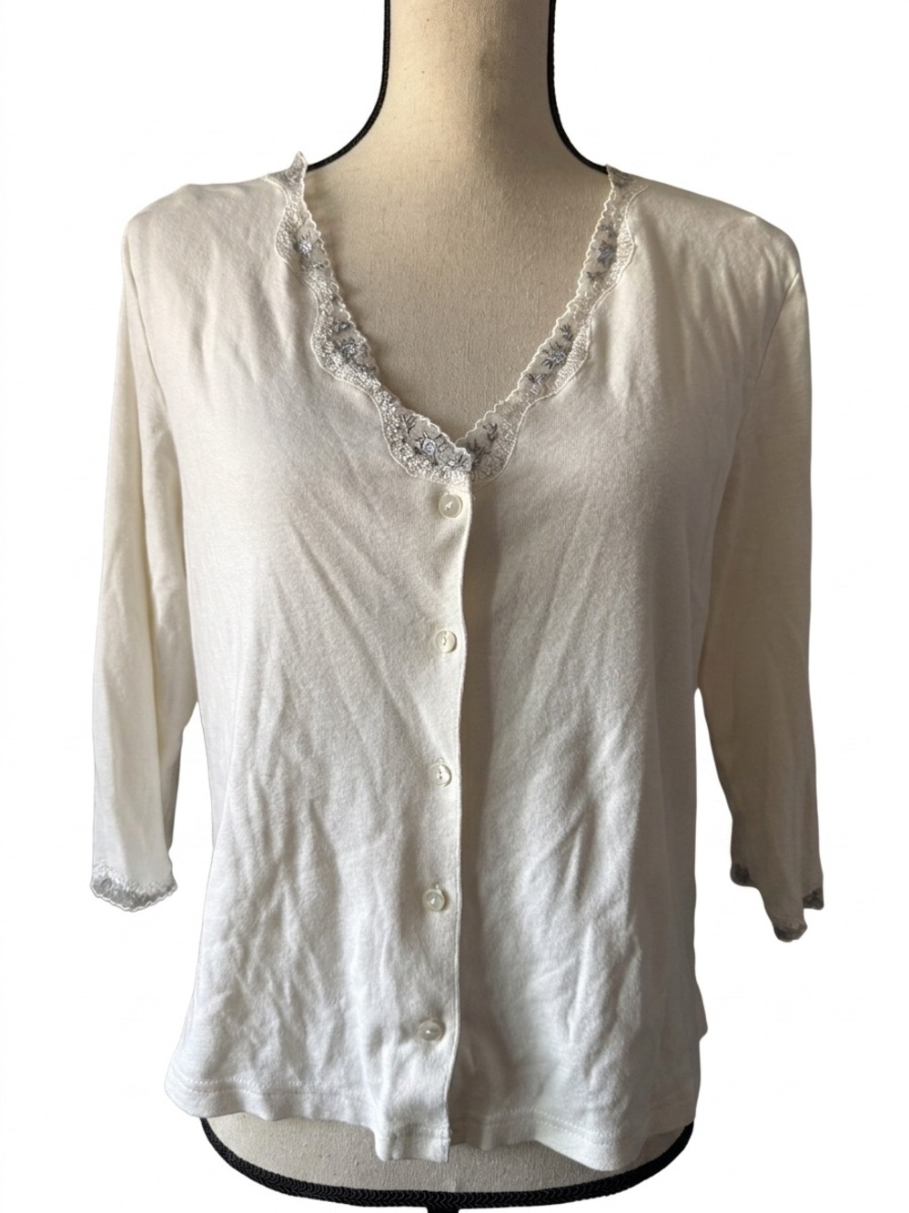 Vintage Erika Taylor Intimates Cream 100% Cotton Lace Trim Cardigan Top - Size L